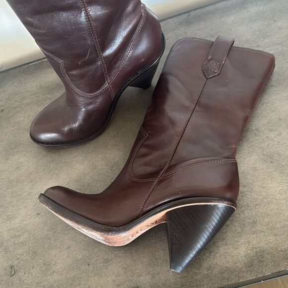 KORS Michael Kors Dark Brown Leather Mid Calf Heeled Boots Pull On Women’s Sz 6M - Picture 15 of 16